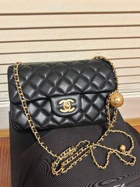 Chanel Classic Flap Bag with Adjustable Gold Ball Chain, Black Lambskin